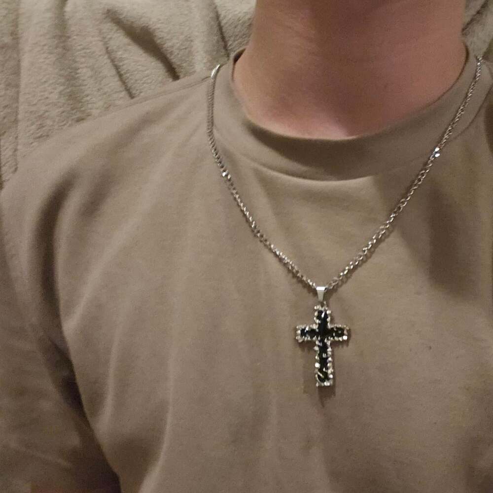 Silver Cross Necklace With Black 3 F 64
